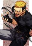  1boy abs angry black_gloves black_hair black_shirt blonde_hair blood blue_eyes evil_grin evil_smile fatal_fury feet_out_of_frame fingerless_gloves gloves grin hankuri male_focus multicolored_hair muscular open_hand open_mouth pants shirt smile snk solo splatter teeth the_king_of_fighters tight tight_shirt tongue two-tone_hair yamazaki_ryuuji 