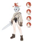  1girl :d bangs belt breasts brown_belt brown_footwear brown_gloves clenched_hand dagger dongho_kang dragon fire full_body gloves helm helmet highres knife long_sleeves medium_breasts original redhead short_hair small_dragon smile solo standing weapon 