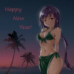  1girl ahoge arms_behind_back bikini black_bikini blush breasts english_commentary english_text front-tie_top groin happy_new_year highres long_hair looking_at_viewer medium_breasts midriff navel nengajou new_year night night_sky palm_tree purple_hair sarong sky smile solace solo swimsuit tokyo_ravens tree tsuchimikado_natsume 