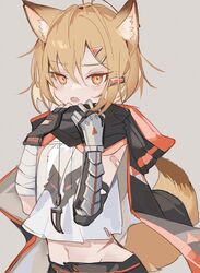  1girl animal_ears antenna_hair arknights awa_iro bandaid bandaid_on_arm black_cape black_shorts blonde_hair cape crop_top error fox_ears fox_girl fox_tail grey_background hair_ornament hairclip hands_up highres hood hood_down hooded_cape jewelry light_blush navel necklace open_mouth orange_eyes prosthesis prosthetic_arm shirt short_hair shorts simple_background solo tail teeth tooth_necklace upper_teeth vermeil_(arknights) white_shirt 