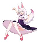  +_+ 1girl :d animal_ears bangs blue_eyes dress fox_ears fox_tail full_body highres honkai_(series) honkai_impact_3rd long_hair looking_at_viewer open_mouth panties pink_footwear shoes short_sleeves side_ponytail simple_background smile solo tail theresa_apocalypse theresa_apocalypse_(sakura_rondo) thigh-highs underwear white_background white_dress white_hair white_legwear white_panties xiang_he_he_qunzi 