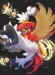  absurdres arrow_(projectile) bird black_background commentary_request highres hisuian_decidueye no_humans nullma open_mouth pokemon pokemon_(creature) red_pupils signature solo talons tongue yellow_eyes 