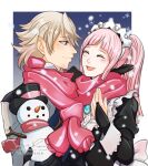  1boy 1girl armor black_dress black_gloves blush border bridal_gauntlets brooch closed_eyes closed_mouth commentary commission corrin_(fire_emblem) corrin_(fire_emblem)_(male) dress english_commentary eyebrows_visible_through_hair face-to-face felicia_(fire_emblem) fire_emblem fire_emblem_fates forehead gloves highres jewelry long_hair long_sleeves looking_at_another maid maid_headdress open_mouth outside_border pink_hair pointy_ears ponytail profile red_eyes red_scarf scarf shared_scarf short_hair sierra117renner signature silver_hair smile snow snowflakes snowing snowman twitter_username upper_body white_border 