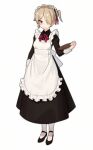  1girl absurdres apron bangs black_dress black_footwear bow bowtie brown_hair closed_mouth dress full_body hair_over_one_eye highres honkai_(series) honkai_impact_3rd long_sleeves looking_at_viewer maid maid_apron maid_headdress purple_bow purple_bowtie rita_rossweisse shoes short_hair simple_background solo violet_eyes white_background white_legwear xiang_he_he_qunzi younger 
