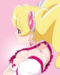  1girl blonde_hair breasts choker crossed_arms cure_peach downblouse earrings fresh_precure! from_above fuchi_(nightmare) gradient gradient_background hair_ornament heart heart_earrings heart_hair_ornament jewelry large_breasts long_hair looking_at_viewer looking_back looking_up magical_girl momozono_love pink_background pink_choker pink_eyes precure puffy_short_sleeves puffy_sleeves short_sleeves smile solo twintails upper_body 