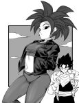  1boy 1girl breasts crop_top dougi dragon_ball dragon_ball_super earrings greyscale hands_in_pockets jacket jewelry kefla_(dragon_ball) looking_at_viewer midriff monochrome navel pants ponytail potara_earrings rom_(20) sash spiky_hair vegetto 