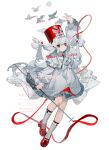  1girl dress english_text frilled_dress frilled_skirt frilled_sleeves frills full_body hat highres holding kikihuihui long_hair long_sleeves original red_eyes red_footwear red_headwear red_ribbon ribbon simple_background skirt solo thighs white_background white_dress white_hair 