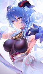  1girl ahoge armpits bell blue_gloves blue_hair breasts bubble closed_mouth cowbell detached_sleeves eyebrows_visible_through_hair ganyu_(genshin_impact) genshin_impact gloves goat_horns hair_between_eyes highres hoojiro horns large_breasts long_hair looking_away solo violet_eyes 