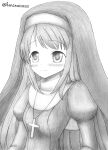  absurdres artist_request cross graphite_(medium) highres juliet_sleeves kantai_collection long_hair long_sleeves monochrome nun one-hour_drawing_challenge puffy_sleeves samidare_(kancolle) simple_background traditional_media twitter_username veil very_long_hair 