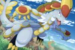  bright_pupils brown_eyes claws clouds commentary_request day grass highres kommo-o looking_at_viewer no_humans open_mouth outdoors pokemon pokemon_(creature) signature sky solo tanpakuroom tongue white_pupils 