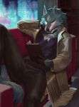  1boy animal_ears animal_nose black_gloves black_pants body_fur book brand_new_animal collar couch furry furry_male gloves grey_fur highres holding holding_book lying momobeda ogami_shirou pants reading shorts snout solo tail wolf_boy 