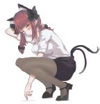  1girl :/ alternate_costume alternate_eye_color animal_ear_fluff animal_ears arm_up bangs black_bow black_skirt blunt_bangs blush bow braid breasts brown_legwear cat_ears cat_tail extra_ears eyebrows_visible_through_hair full_body hair_bow hair_ribbon kaenbyou_rin medium_breasts multiple_tails nekomata pointy_ears redhead ribbon rnyj_(mnun7448) shirt simple_background skirt sleeves_past_elbows slit_pupils solo squatting tail touhou tress_ribbon twin_braids twintails two_tails white_background white_shirt yellow_eyes 