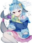  1girl blue_hair dolphin dolphin_girl dolphin_tail fang fins hair_ornament highres hood hoodie indie_virtual_youtuber looking_at_viewer nomi_(vtuber) pale_skin solo sorani_(kaeru0768) star_(symbol) star_hair_ornament stuffed_animal stuffed_toy turtle violet_eyes virtual_youtuber 