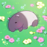  animal animal_focus artist_name blush closed_eyes closed_mouth commentary english_commentary flower grass lying on_side original outdoors pikaole pink_flower simple_background sleeping smile tapir yellow_flower 