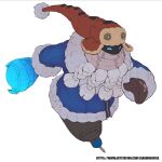  1boy absurdres artist_name bard_(league_of_legends) beard black_skin blue_jacket brown_gloves brown_headwear brown_pants colored_skin facial_hair gloves grey_scarf happy highres holding holding_weapon jacket joaowbenfica league_of_legends long_sleeves pants scarf snow_day_bard solo weapon web_address 