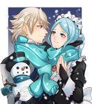  1boy 1girl armor black_dress black_gloves blue_hair blue_scarf blush border bridal_gauntlets brooch closed_mouth commentary commission corrin_(fire_emblem) corrin_(fire_emblem)_(male) dress english_commentary eyebrows_visible_through_hair face-to-face fire_emblem fire_emblem_fates flora_(fire_emblem) forehead gloves grey_eyes highres jewelry long_sleeves looking_at_another maid maid_headdress outside_border pointy_ears profile red_eyes scarf shared_scarf short_hair sierra117renner signature silver_hair smile snow snowflakes snowing snowman twintails twitter_username upper_body white_border 