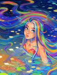  1girl absurdly_long_hair artist_name breasts commentary english_commentary fins geneva_bowers gills green_eyes lily_pad long_hair looking_at_viewer mermaid monster_girl multicolored_hair original parted_lips partially_submerged rainbow_hair scales solo straight_hair tail_fin very_long_hair water watermark 