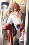  2boys bag blonde_hair brown_hair character_request copyright_request door glasses hairband highres hood hoodie kindo_(quindo_e) mirror multiple_boys open_mouth plastic_bag red_eyes shirt short_hair t-shirt 
