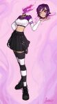  1girl absurdres black_footwear black_skirt boots closed_mouth dullahan full_body highres looking_at_viewer matilda_fiship miniskirt one_eye_closed original pink_background pleated_skirt purple_hair signature skirt smile solo striped striped_legwear thigh-highs violet_eyes 