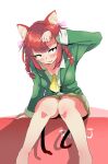  1girl alternate_costume animal_ear_fluff animal_ears arm_support arm_up ascot bangs barefoot blunt_bangs blush bow braid breasts cat_ears cat_tail eyebrows_visible_through_hair feet_out_of_frame green_jacket green_skirt hair_bow hair_ribbon highres jacket kaenbyou_rin knees_together_feet_apart leaning_forward long_hair looking_at_viewer medium_breasts multiple_tails nekomata parted_lips pink_bow pleated_skirt ribbon rnyj_(mnun7448) sanpaku simple_background skirt smile solo tail touhou tress_ribbon twin_braids twintails two_tails upturned_eyes white_background wing_collar yellow_ascot 
