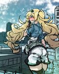 absurdres back blonde_hair blue_eyes blush city crying embernaga gambier_bay_(kancolle) giant giantess gloves hairband hand_on_own_face highres kantai_collection looking_back open_mouth short_sleeves shorts solo surprised tears twintails 