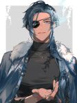  1boy alternate_costume black_sweater blue_eyes blue_hair blue_jacket cigarette commentary_request earrings eyepatch fur-trimmed_jacket fur_trim genshin_impact highres hiiro_(coinxtossxdive) holding holding_cigarette jacket jacket_on_shoulders jewelry kaeya_(genshin_impact) long_hair male_focus necklace open_clothes open_jacket ponytail ring single_earring smoke smoking solo sweater upper_body 