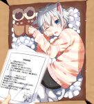  1boy 1other animal_ears bike_shorts black_shorts blue_eyes box cardboard_box cat_boy cat_ears cat_tail commentary_request contract eyebrows_visible_through_hair fang from_above ginziro525 ginziro525_(vtuber) grey_hair grey_tail hair_between_eyes hand_on_own_cheek hand_on_own_face in_box in_container indie_virtual_youtuber long_sleeves looking_at_viewer looking_to_the_side looking_up male_focus messy_hair mixed-language_commentary one_eye_closed open_mouth original otoko_no_ko out_of_frame packing_peanuts shirt shoes shoes_removed short_hair shorts skin_fang solo_focus striped striped_shirt tail thigh-highs translation_request virtual_youtuber white_legwear 
