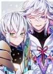 2boys asclepius_(fate) bangs blinking blush bow fate/grand_order fate_(series) green_eyes hair_between_eyes jacket light_particles long_hair long_sleeves looking_at_viewer male_focus merlin_(fate) moru00f multicolored_hair multiple_boys one_eye_closed open_mouth red_bow ribbon robe silver_hair smile sparkle upper_body very_long_hair violet_eyes white_hair 
