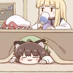  2girls animal_ears blonde_hair blush_stickers brown_hair cat_ears chen closed_eyes cup dress duplicate green_headwear kotatsu long_hair multiple_girls pink_headwear pixel-perfect_duplicate poronegi purple_dress red_ribbon ribbon shelf short_hair sleeping table touhou white_dress yakumo_yukari 