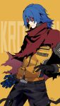  blue_hair cape eyebrows_visible_through_hair fighting_game gloves highres jacket k9999 krohnen long_sleeves mechanical_arms red_cape snk solo the_king_of_fighters the_king_of_fighters_xv 