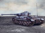  777_sergeant artist_name commentary grey_skirt ground_vehicle horizon military military_vehicle motor_vehicle no_humans original outdoors overcast signature skirt tank tank_focus tiger_(p) vehicle_focus 