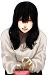  1girl bangs black_hair dress grey_eyes hair_between_eyes highres hoshi_san_3 long_hair long_sleeves looking_at_viewer mole mole_under_eye mole_under_mouth open_mouth original parted_lips purple_nails shirt simple_background smile solo white_background yamifuka-san_(hoshi_san_3) 