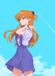  1girl absurdres blue_eyes blue_skirt blue_sky bracelet crimsonknigh_t from_side hand_in_hair highres interface_headset jewelry long_hair neon_genesis_evangelion orange_hair shirt skirt sky solo souryuu_asuka_langley suspender_skirt suspenders white_shirt 