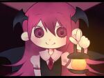  1girl bangs bat_wings black_vest blush chibi dark_background eyebrows_visible_through_hair fang fang_out hair_between_eyes hand_up head_wings holding holding_lantern juliet_sleeves koakuma lantern letterboxed light long_hair long_sleeves looking_at_viewer necktie puffy_sleeves purple_background red_eyes red_necktie redhead shirt simple_background smile solo touhou tsugomori_(remilia0398) upper_body vest white_shirt wing_collar wings 