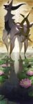  arceus clouds commentary glowing glowing_eyes highres lightning lily_pad no_humans outdoors pokemon pokemon_(creature) red_eyes reflection rend ripples sky solo water 