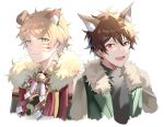  2boys animal_ears bell blonde_hair blue_eyes blush brown_hair closed_mouth ensemble_stars! fox_ears green_eyes halloween_costume highres jacket kindo looking_at_viewer male_focus morisawa_chiaki multicolored_hair multiple_boys neck_bell open_mouth red_eyes ryuuseitai_(ensemble_stars!) short_hair smile streaked_hair takamine_midori twitter_username white_background 