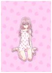  1girl absurdres alternate_costume bangs bare_legs barefoot breasts collarbone dress food food_print fruit highres inui_sajuna kneeling nishihara_erika official_alternate_costume official_art outline patterned_background patterned_clothing pink_dress pink_hair small_breasts sono_bisque_doll_wa_koi_wo_suru strawberry strawberry_print violet_eyes white_outline 