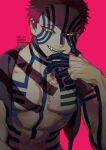  abs akaza_(kimetsu_no_yaiba) bare_shoulders blood blood_on_chest blood_on_face body_markings collarbone colored_sclera facial_mark fang fang_out fangs fangs_out fingernails green_sclera ichimatsu_(odoro_lol) japanese_clothes kimetsu_no_yaiba looking_at_viewer male_focus muscular muscular_male navel pectorals pink_background pink_hair pink_nails short_hair smile symbol-shaped_pupils teeth text_in_eyes upper_body watermark yellow_eyes 