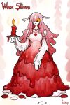  1girl absurdres breasts candle dress english_commentary english_text frown full_body ghost_of_christmas_past highres looking_at_viewer matilda_fiship medium_breasts monster_girl orange_eyes original red_dress slime_girl solo wax 