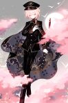  1boy androgynous bishounen formal gloves hand_on_own_chest hat highres juexing_(moemoe3345) katana long_sleeves looking_to_the_side military original pale_skin pink_eyes pink_hair short_hair sword weapon 