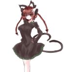  1girl :/ absurdres animal_ear_fluff animal_ears arm_behind_head arm_up ayang bangs black_bow blunt_bangs blush bow braid breasts cat_ears cat_tail closed_mouth dress extra_ears eyebrows_visible_through_hair feet_out_of_frame frills grey_dress hair_bow hair_ribbon hand_on_hip heart heart_tail highres juliet_sleeves kaenbyou_rin long_hair long_sleeves looking_at_viewer medium_breasts multiple_tails nekomata petticoat puffy_sleeves red_eyes redhead ribbon simple_background sketch sleeves_past_wrists solo standing tail touhou tress_ribbon twin_braids twintails two_tails white_background 