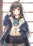  1girl :d bangs black_hair black_jacket black_legwear black_sailor_collar black_skirt blue_bow blurry blurry_background bow brown_shirt commentary_request cowboy_shot depth_of_field eyebrows_visible_through_hair hair_bow head_tilt jacket long_hair long_sleeves looking_at_viewer motoi_ayumu off_shoulder open_clothes open_jacket original pleated_skirt red_eyes sailor_collar shirt skirt sleeves_past_wrists smile solo thigh-highs very_long_hair white_bow 