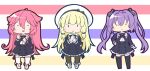  3girls :d arm_at_side assault_lily bangs beret black_bow black_legwear black_ribbon blonde_hair blunt_bangs blush bow brown_legwear buttons chibi closed_eyes commentary_request cropped_jacket frilled_skirt frills full_body grey_bow hair_between_eyes hair_bow hand_on_hip hands_up hat hat_bow high-waist_skirt kuramata_yukiyo long_hair long_sleeves looking_at_viewer masaki_itsuki multiple_girls neck_ribbon open_mouth own_hands_together pantyhose pink_hair purple_hair ribbon school_uniform sejima_hiromu shirt shoes sidelocks skirt smile solid_oval_eyes standing striped striped_background striped_bow tachihara_sayu thigh-highs twintails very_long_hair white_footwear white_headwear white_legwear white_shirt yurigaoka_girls_academy_school_uniform 