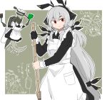  1girl alternate_costume apron arknights bangs blaze_(arknights) blush broom closed_mouth commentary creature doctor_(arknights) enmaided glaucus_(arknights) gloves hairband headgear highres kumamoto_aichi leaf_(arknights) long_hair long_sleeves low-tied_long_hair low_ponytail maid maid_apron red_eyes silver_hair single_glove solo_focus thick_eyebrows translated very_long_hair weedy_(arknights) 