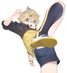 1boy aqua_eyes bare_legs blonde_hair blue_eyes commentary_request hair_ornament hairclip kagamine_len looking_at_viewer naoko_(naonocoto) open_mouth shoes short_hair short_sleeves shorts simple_background socks teeth vocaloid 