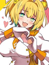  +_+ 1girl aqua_eyes blonde_hair blush bombergirl breasts fang gloves grenade_hair_ornament heart heart_hands kuzaki_kaede large_breasts multicolored_hair necktie open_mouth orange_necktie pine_(bombergirl) short_hair simple_background solo symbol-shaped_pupils upper_body white_gloves yellow_pupils 