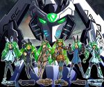  6+girls :o bfg_9000_(personification) clenched_hands commentary dark-skinned_female dark_skin doom_(series) doom_3 doom_64 doom_eternal drill_hair energy_gun english_commentary giant giantess glasses green_eyes green_hair gun highres long_hair looking_at_viewer mecha_musume mechanical_arms mechanical_legs multiple_girls personification quake quake_3_arena round_eyewear substance20 twintails very_long_hair visor weapon 
