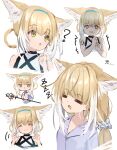  1girl animal_ear_fluff animal_ears aqua_hairband arknights blonde_hair closed_eyes closed_mouth drooling eyebrows_visible_through_hair finger_to_own_chin fox_ears fox_girl hair_rings hairband highres infection_monitor_(arknights) low_twintails matsushika multicolored_hair open_mouth oripathy_lesion_(arknights) pajamas scared sleeping staff streaked_hair suzuran_(arknights) twintails white_hair 
