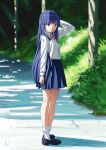  1girl blue_eyes blue_hair bow bowing bowtie furude_rika highres higurashi_no_naku_koro_ni loafers long_hair mac_naut outdoors pink_bow pink_bowtie shirt shoes socks solo summer uniform white_legwear white_shirt 