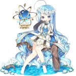  1girl :q ahoge ankle_scrunchie ark_order bangs bare_legs black_bow black_gloves blue_hair blue_scrunchie bow branch choker daisy dress elbow_gloves faux_figurine flower frilled_choker frills full_body gloves hair_flower hair_ornament head_wreath long_hair looking_at_viewer official_art orb pointy_ears scrunchie sitting solo tachi-e tongue tongue_out transparent_background tsukimi_(xiaohuasan) very_long_hair vivian_(ark_order) water wavy_hair white_dress white_flower 